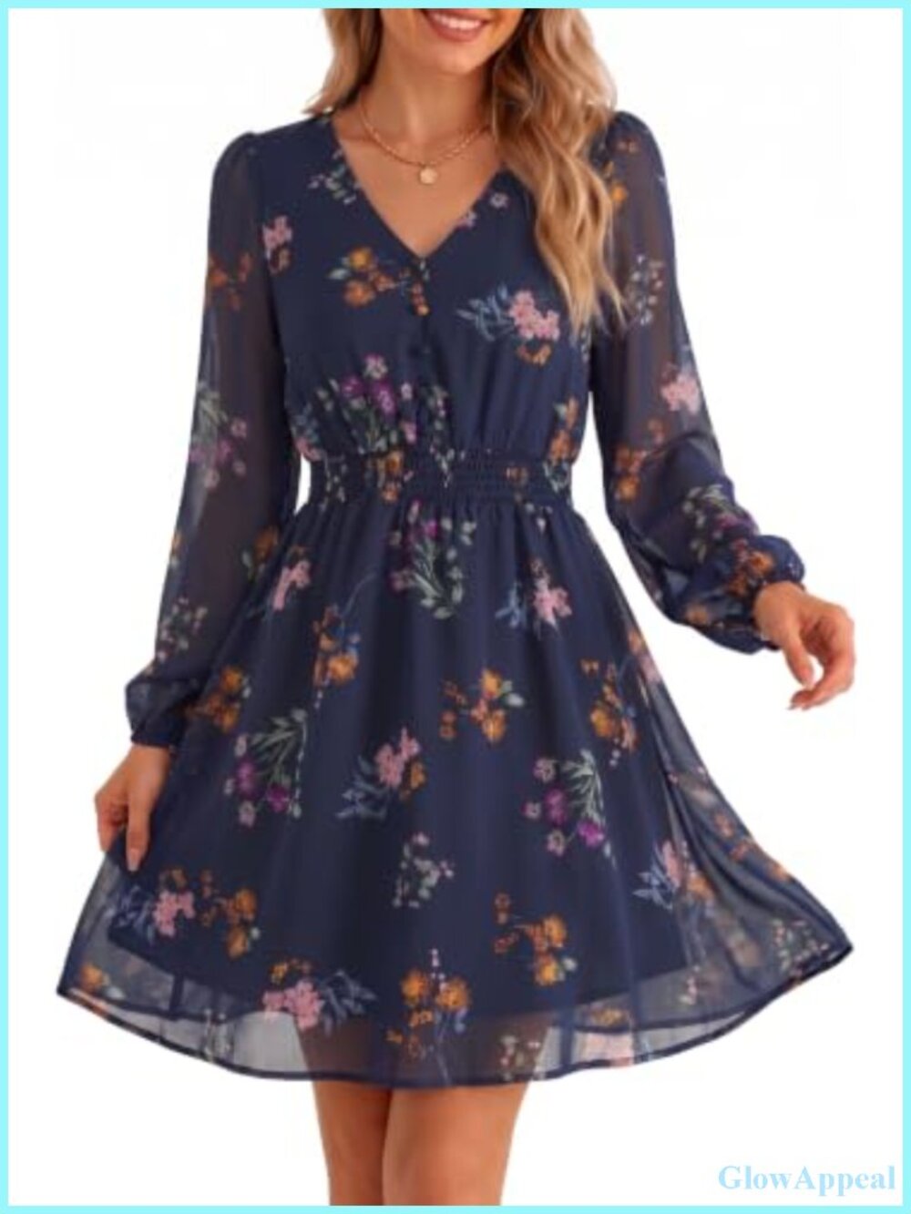 Floral Mini Dress Long Sleeve V Neck Chiffon Wedding Guest Dress